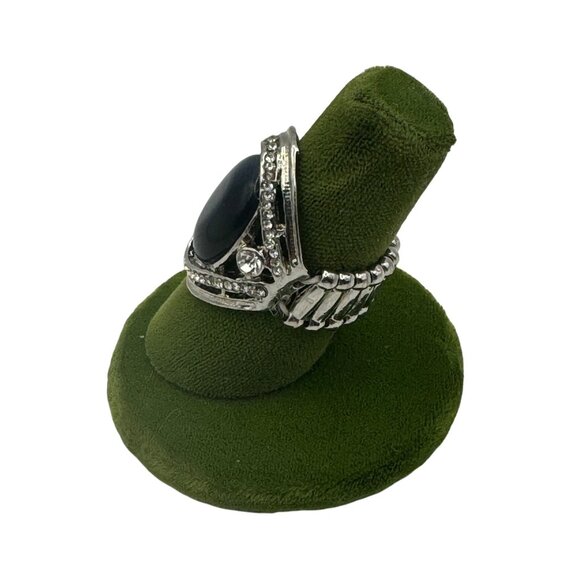 Vintage Silver-Tone Bllue Stone Adjustable Ring With Rhinestone Accents - Picture 3 of 5